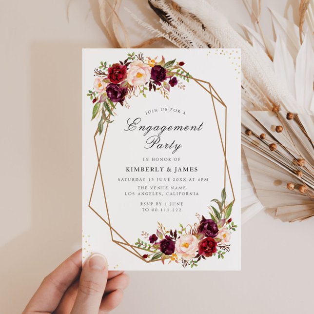 Burgundy & blush floral geometric engagement party invitation (Creator Uploaded)