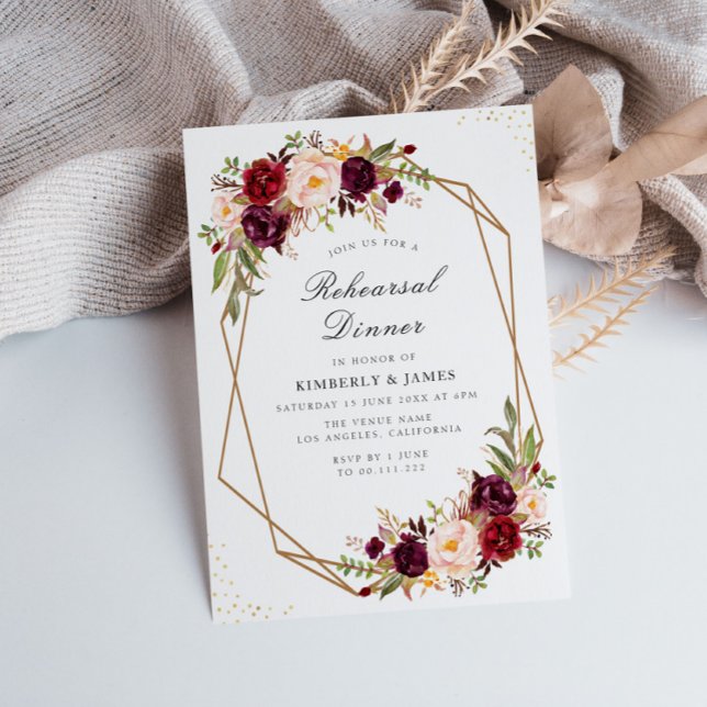 burgundy & blush floral geometric rehearsal dinner invitation (Creator Uploaded)