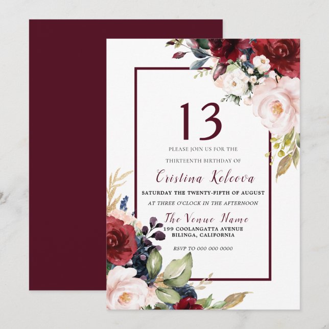 Burgundy Blush Floral Girls 13th Birthday Party Invitation (Front/Back)