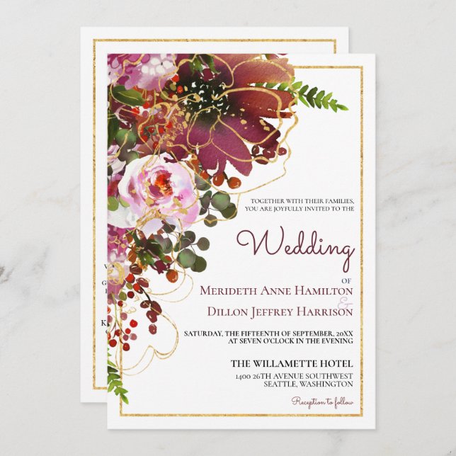Burgundy Blush Floral Gold All In One Wedding Invitation (Front/Back)