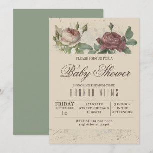Burgundy Blush Floral Gold Baby Shower Invitation