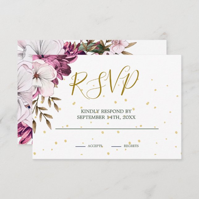 Burgundy Blush Floral Gold Elegant Chic RSVP Card (Front/Back)