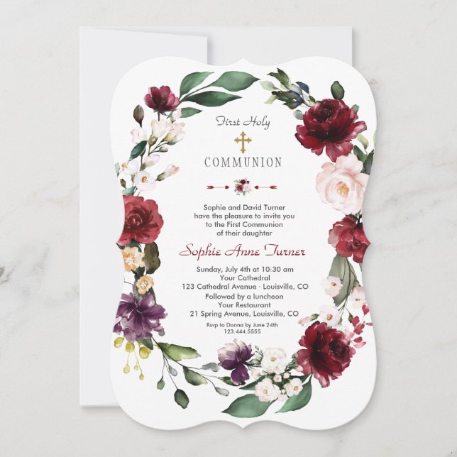 Burgundy Blush Floral Gold First Holy Communion Invitation (Front)