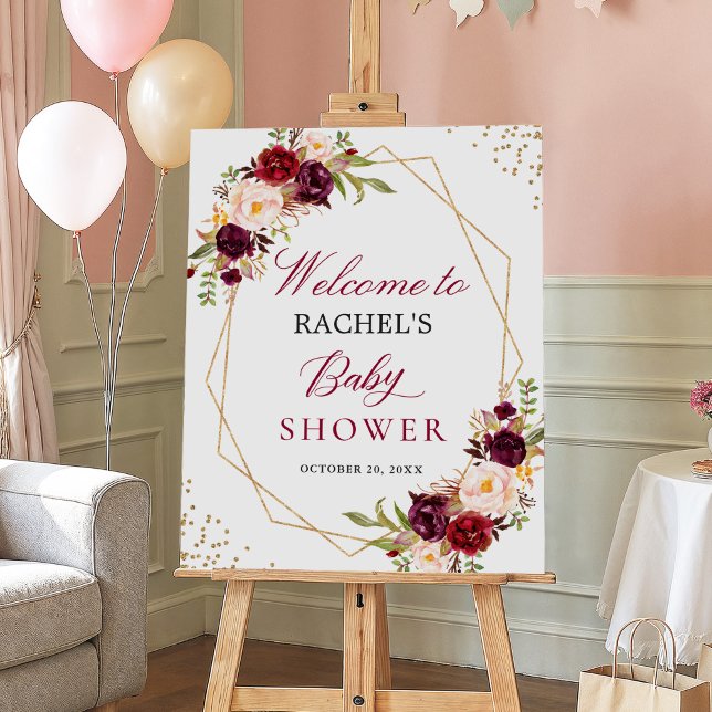 Burgundy Blush Floral Gold Frame Baby Shower Sign (Creator Uploaded)