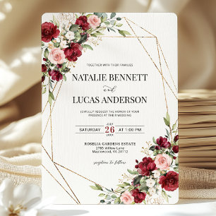 Burgundy Blush Floral Gold Geometric Wedding Invitation