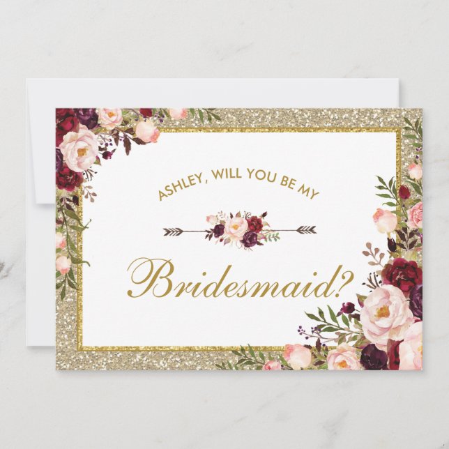 Burgundy Blush Floral Gold Glitter Bridesmaid Card (Front)