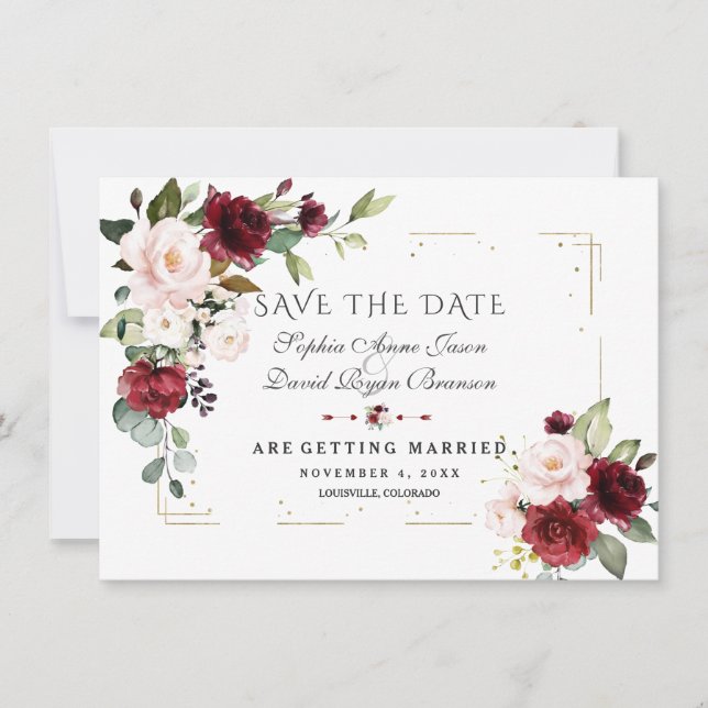Burgundy Blush Floral Gold Glitter Frame Wedding Save The Date (Front)