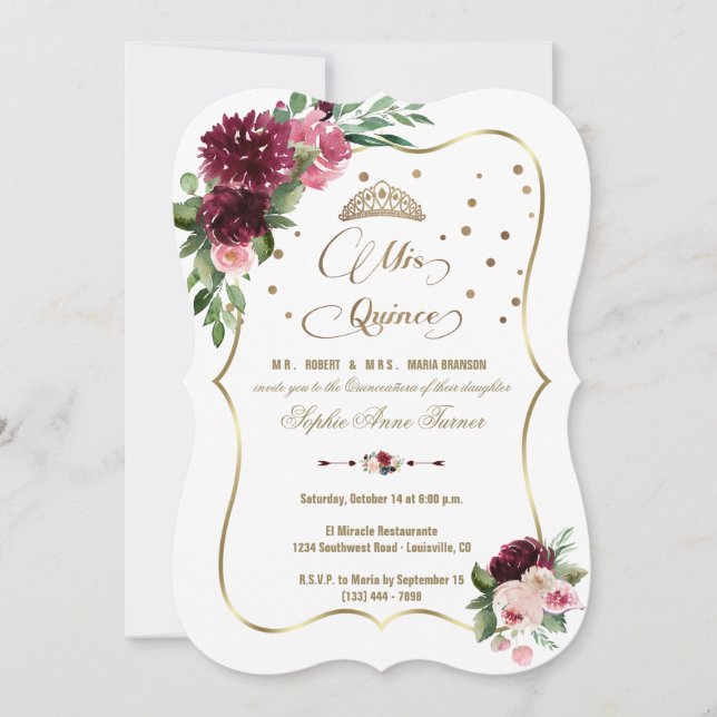 Burgundy Blush Floral Gold Mis Quince Quinceañera Invitation (Front)