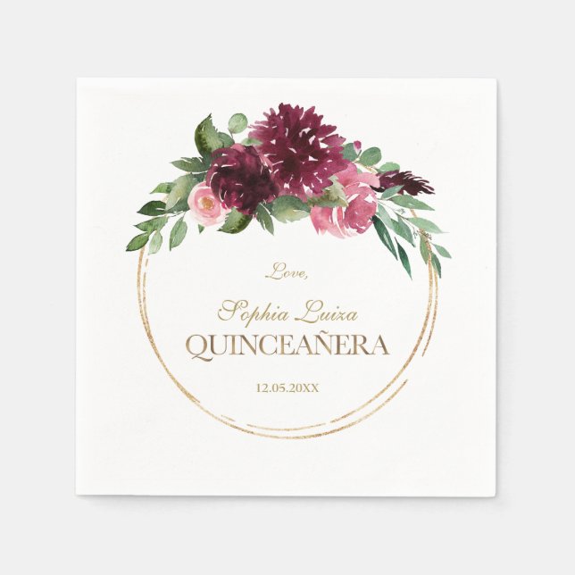 Burgundy Blush Floral Gold Mis Quince Quinceañera Napkin (Front)
