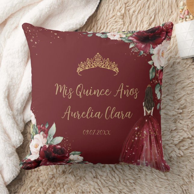 Burgundy Blush Floral Gold Quinceañera Keepsake Cushion (Blanket)