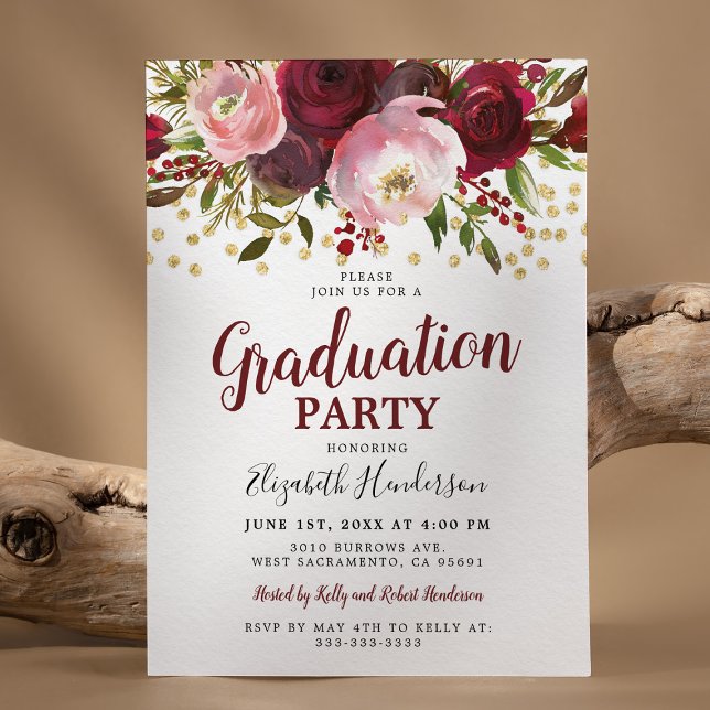 Burgundy Blush Floral Graduation Party Invitation (Creator Uploaded)