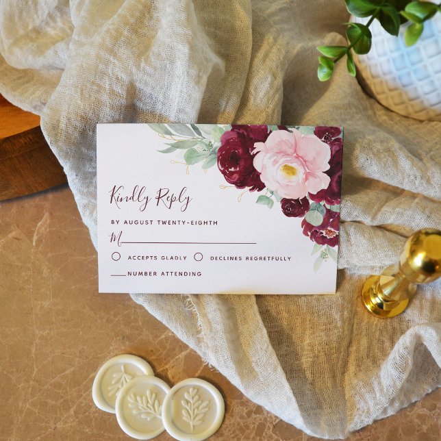 Burgundy Blush Floral Greenery Modern Wedding RSVP Card (Creator Uploaded)
