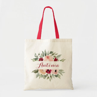 Burgundy Blush Floral Greenery Tote Bag