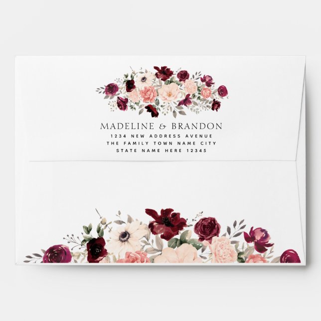 Burgundy Blush Floral Ivory Wedding Envelope (Back (Top Flap))