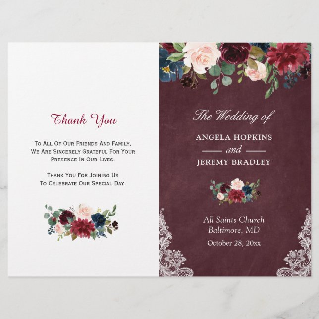 Burgundy Blush Floral Lace Folded Wedding Program (Front)