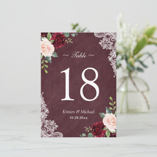 Burgundy Blush Floral Lace Wedding Table Number (Standing Front)