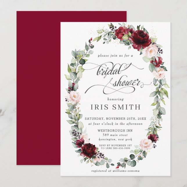 Burgundy Blush Floral Leafy Wreath Bridal Shower Invitation (Front/Back)