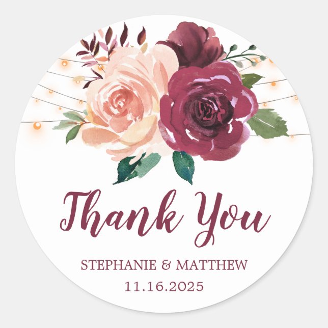 Burgundy Blush Floral Lights Wedding Thank You Classic Round Sticker (Front)
