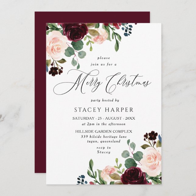 Burgundy Blush Floral Merry Christmas Party Invitation (Front/Back)