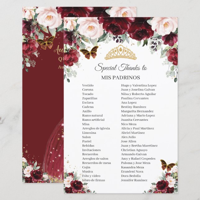 Burgundy Blush Floral Mis Padrinos Quinceañera (Front/Back)