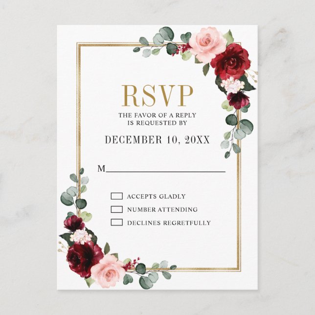 Burgundy Blush Floral Modern Geometric RSVP Postcard (Front)
