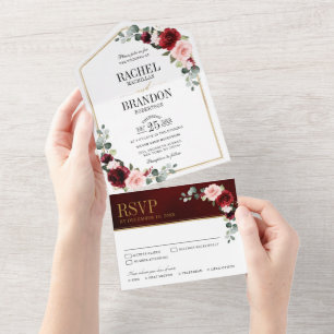 Burgundy Blush Floral Modern Geometric Wedding All All In One Invitation