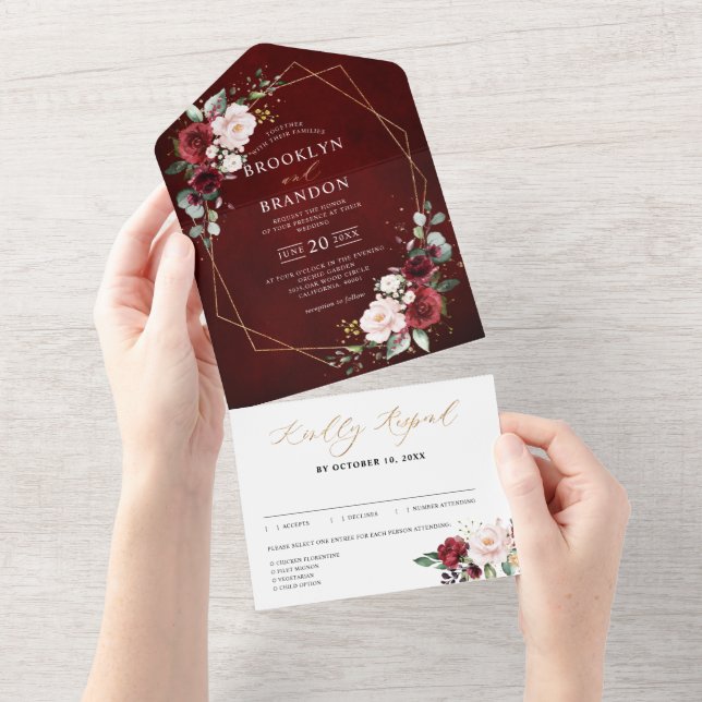 Burgundy Blush Floral Modern Geometric Wedding All In One Invitation (Tearaway)