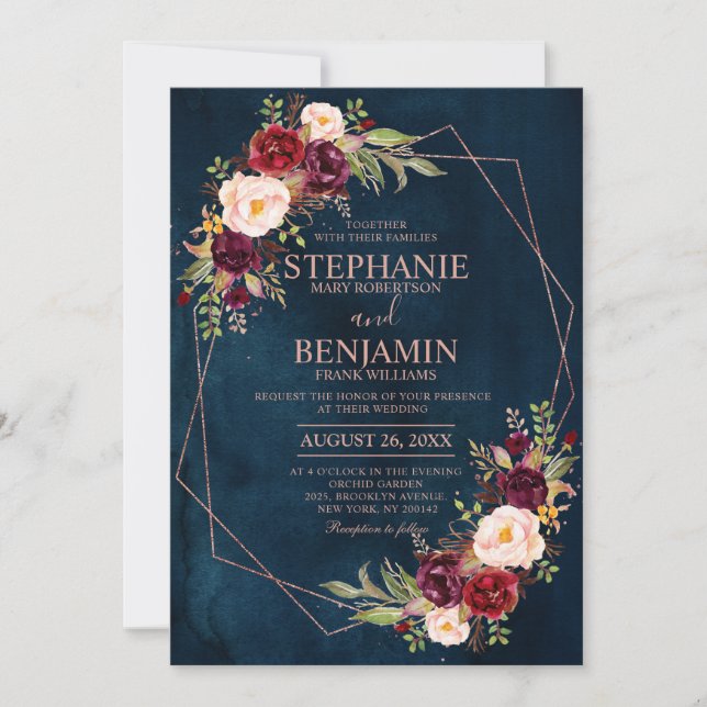 Burgundy Blush Floral Modern Geometric Wedding Inv Invitation (Front)