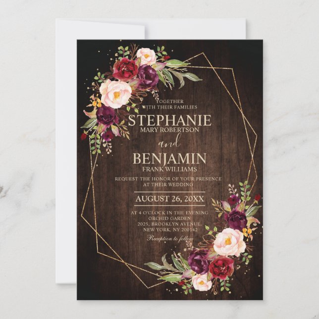 Burgundy Blush Floral Modern Geometric Wedding Invitation (Front)