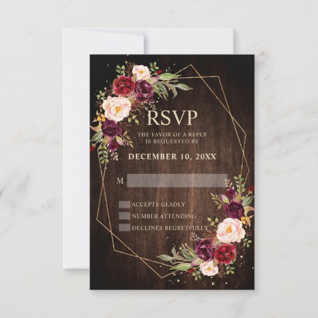 Burgundy Blush Floral Modern Geometric Wedding RSVP Card (Front)