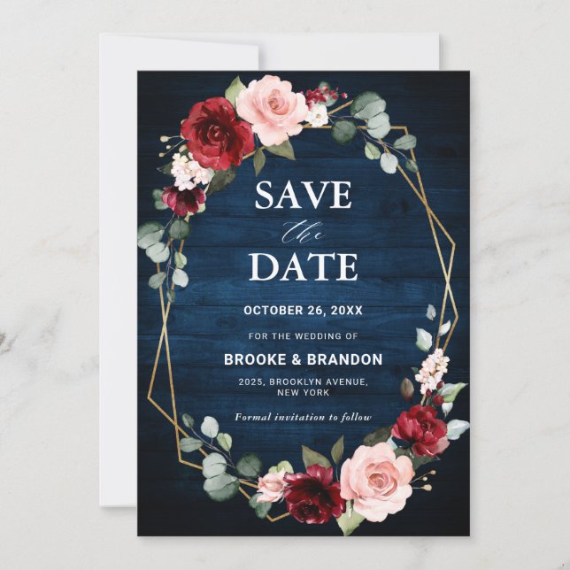 Burgundy Blush Floral Modern Geometric Wedding Sav Save The Date (Front)