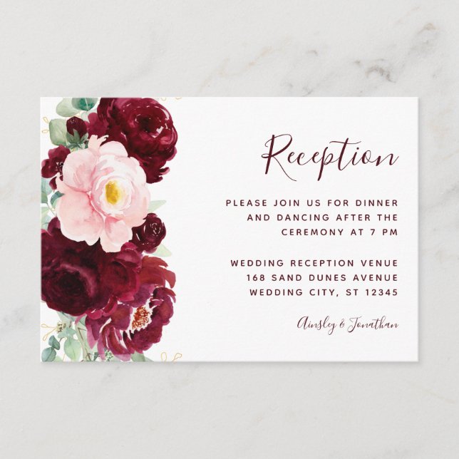 Burgundy Blush Floral Modern Wedding Reception Enclosure Card (Front)