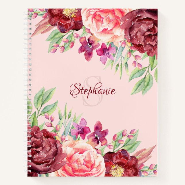 Burgundy Blush Floral Monogram Personalised Name Notebook (Front)