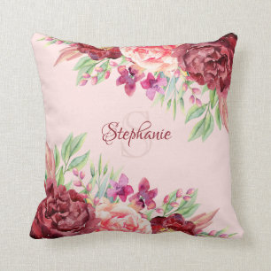 Burgundy Blush Floral Name Monogram Cushion