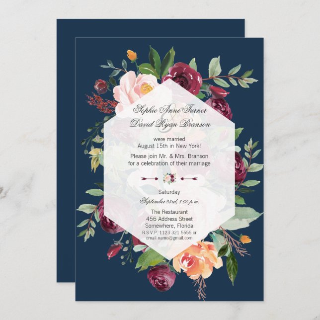Burgundy Blush Floral Navy Blue Wedding Evening Invitation (Front/Back)