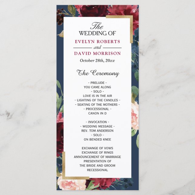 Burgundy Blush Floral Navy Blue Wedding Program Programme (Front)
