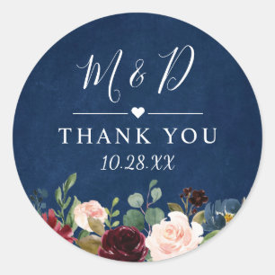 Burgundy Blush Floral Navy Blue Wedding Thank You Classic Round Sticker
