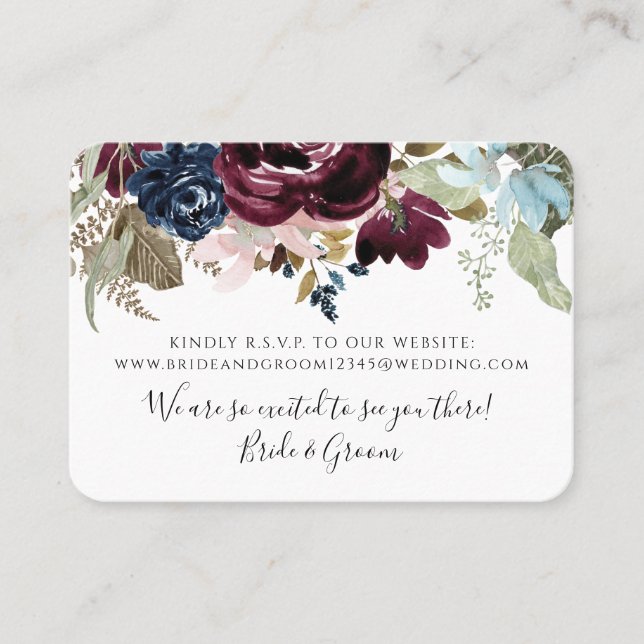 Burgundy Blush Floral Navy Elegant Foliage Wedding Business Card (Front)