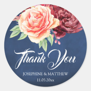 Burgundy Blush Floral Navy Wedding Thank You Classic Round Sticker