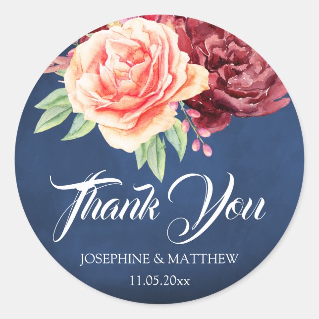 Burgundy Blush Floral Navy Wedding Thank You Classic Round Sticker (Front)