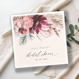 Burgundy Blush Floral Pampas Grass Bridal Shower Napkin