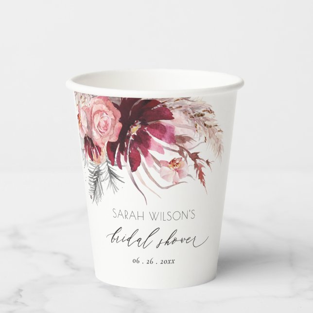 Burgundy Blush Floral Pampas Grass Bridal Shower Paper Cups (Front)