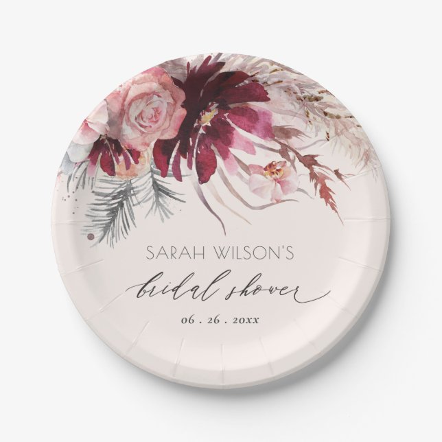Burgundy Blush Floral Pampas Grass Bridal Shower Paper Plate (Front)