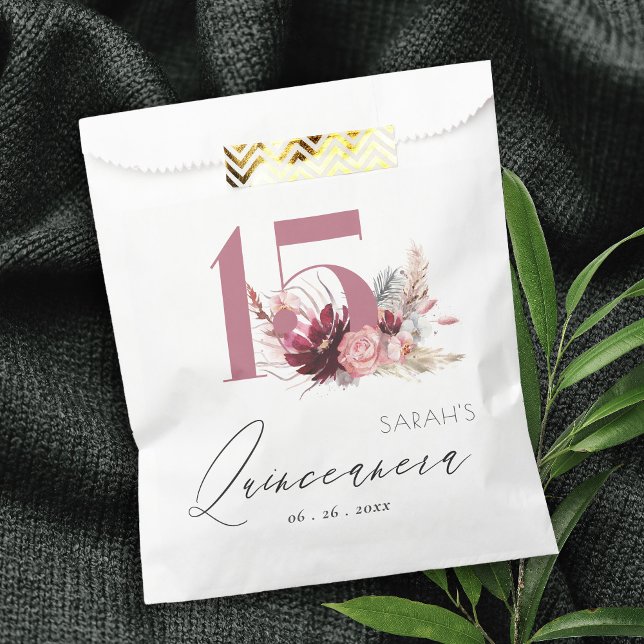 Burgundy Blush Floral Pampas Grass Quinceanera Favour Bags (Creator Uploaded)