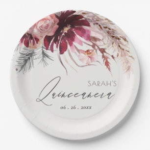 Burgundy Blush Floral Pampas Grass Quinceanera Paper Plate