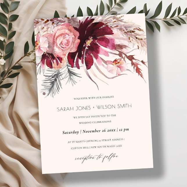 Burgundy Blush Floral Pampas Grass Wedding Invite (Creator Uploaded)