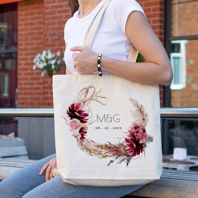 Burgundy Blush Floral Pampas Grass Wedding Tote Bag (Creator Uploaded)