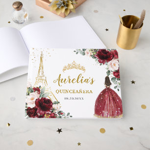 Burgundy Blush Floral Paris Eiffel Quinceanera XV Guest Book