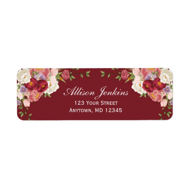 Burgundy Blush Floral Peony Custom Return Address (Front)