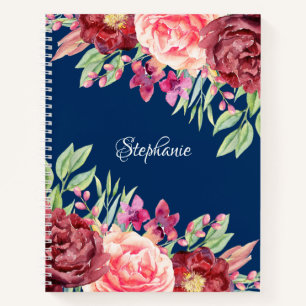 Burgundy Blush Floral Personalised Name Navy Blue Notebook